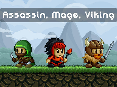 Free Pixel Art Assassin, Mage, Viking Game Heroes 2d assassin character fantasy game assets gamedev indie game mage pixel art platformer rpg sprite superhero viking