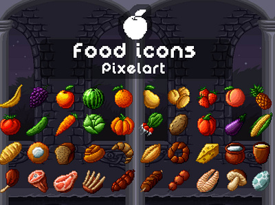 40 Food Icons Pixel Art 2d fantasy food game assets gamedev illustration pixel pixel art pixelart