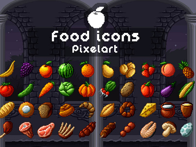 40 Food Icons Pixel Art