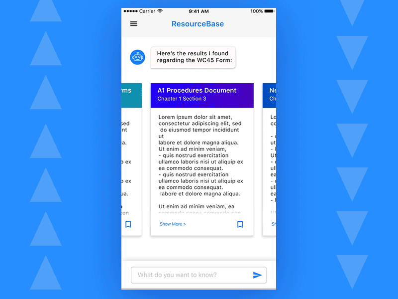 Chatbot for Company Database Search bookmark cards carousel chatbot gradients pdf reading resource suggestion san francisco text reader text viewer ui