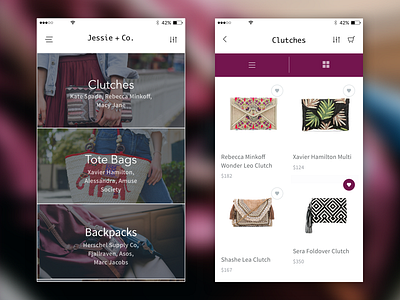 Catalog and Landing Page for Ecommerce app accessories browse clutches ecommerce like list view masonry view purchase san francisco shopping ui ux