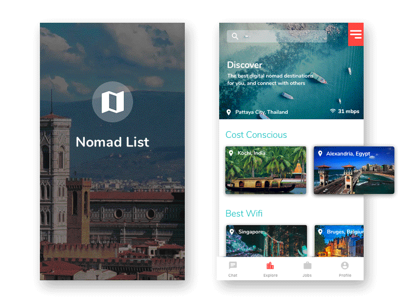 Nomad List App Concept clean digital nomad nomad list remote travel app ui ux vacation