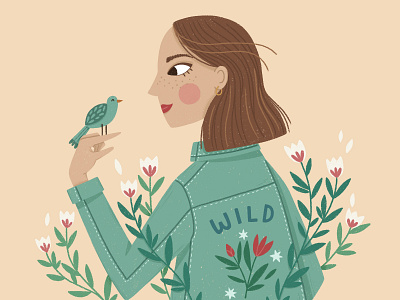 Wild Denim Girl bird character cute denim jacket draw this in your style flowers girl illustration nature procreate