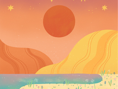 Peaceful Summer Scene colourful digital illustration illustration lake magical mountains mysterious nature procreate river serene stars summer sun sunset