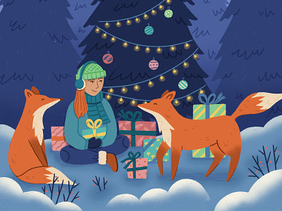 Merry Christmas! christmas christmas tree cute december festive forest fox holiday illustration magical presents procreate snow typography winter