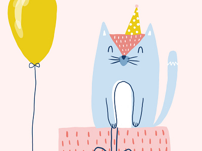 Cute Birthday Cat balloon birthday cat cute fun greeting card hand drawn illustration party pastel soft stationery