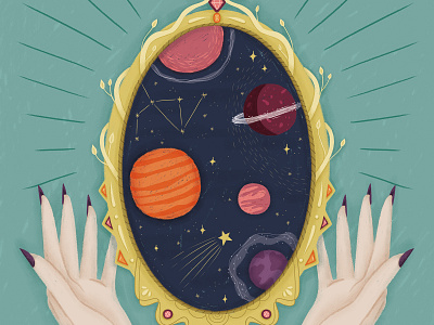 Folktale Week Illustration - Mirror astronomy childrens book digital illustration illustration illustration challenge magic mirror mysterious planets space storybook witch