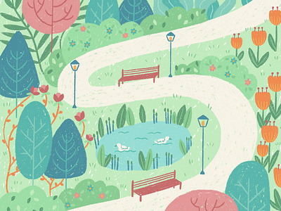 Park Illustration botanical city colourful cute flowers garden illustration nature park plants pond spring