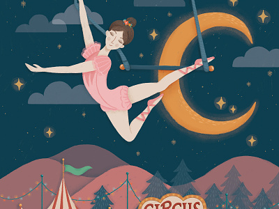 Portfolio Club Circus Illustration acrobat character circus festive illustration magical moon night storytelling trapeze whimsical