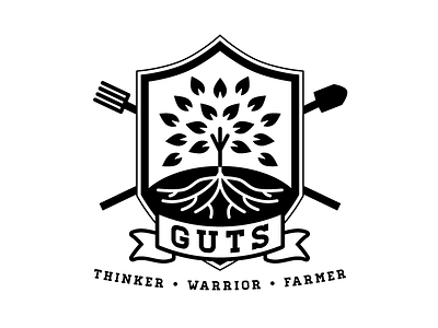 GUTS coat of arms farmer logo pitchfork roots spade thinker tree warrior