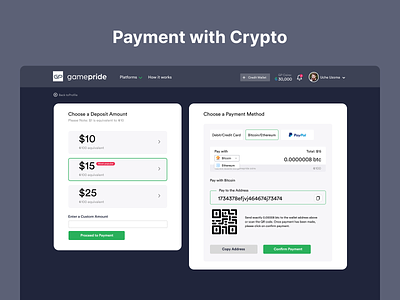 Crypto Payment for Gaming Platfrom ui ux