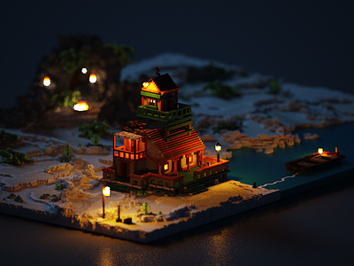 Lonely Island abstract cottage future isometric ll magicavoxel neon tropical voxel voxels