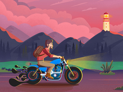 Distant dreams clouds exploration illustration lighthouse lighting man motorcycle mountain riding road sunset travel