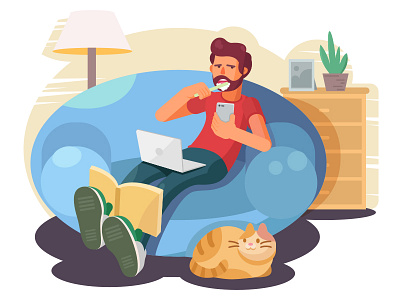 Busy brush teeth cat flat home illustration light lovely man shoes sit sofa work