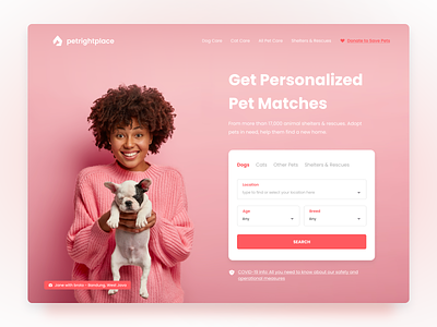 Pets Adoption Web App 🐶 - Exploration animals cats clean color dogs figma minimal material pet adoption pets logo pink website pink white search social ui user interface web appliation websites