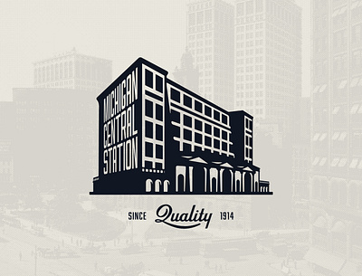 Michigan Central Station building corktown detroit icon illustration lettering michigan shadow trainstation