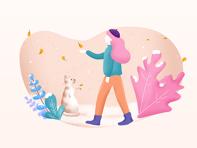 First snow cat girl illustration plant snow winter