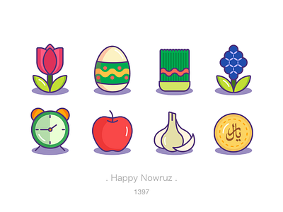 Happy Nowruz apple clock coin design egg eid garlic icon nowruz spring tulip