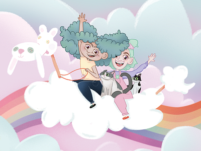 Over the clouds! cat character chibi cloud fly girl illustration landscape love monster rabbit rainbow sky star valentine wings