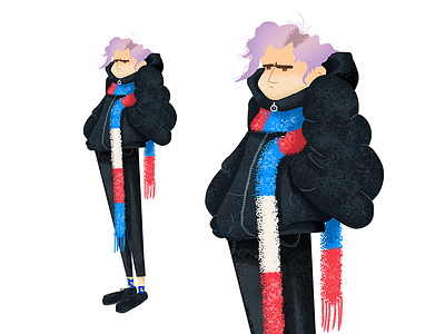 Dribbble Dark black character coat dark depression grumpy purple hair sad scarf