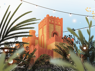 D1 fireflies illustration lights palm tree plants tower wedding card