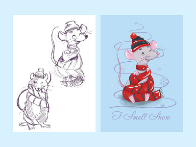 mouse in scarf animals book digital graphic illustration mouse new year sketchbook snow