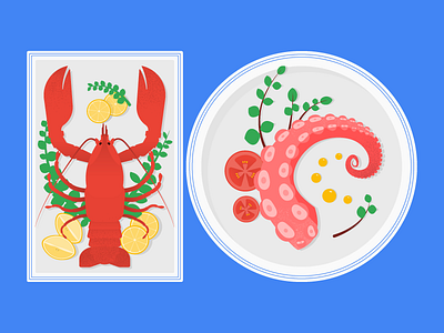 Seafood food green lemon lettuce lobster octopus plate platter red seafood tentacle tomato