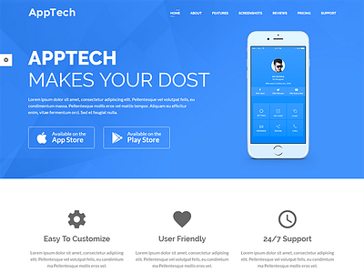 AppTech – App Landing PSD Template android app app showcase ipad app landing page mobile app modern phone psd template tablet unique web application