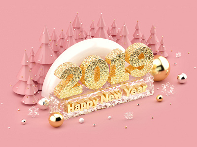 Happy New Year 2019 Dribbble 3d 3d art 3d illustration 3dart 3dartist c4d cgi christmas cinema 4d cinema4d creative market illustration millennial pink rose gold
