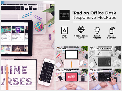 iPad on Office Desk Top View Mockups