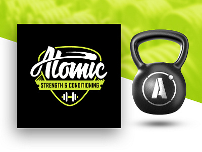 Atomic Strength & Conditioning atom badge branding fitness gym health kettlebell lettering logo personal trainer stencil workout
