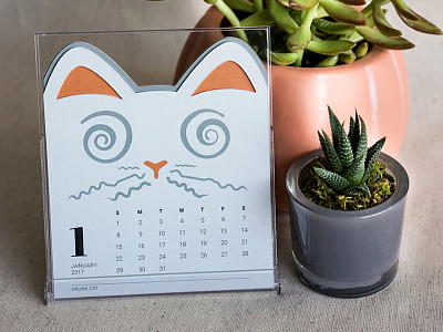 Cat of the Month Calendar: Drunk Cat 2017 cats cute desk die-cut illustration january kitty new year packaging print