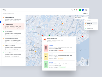 Venue List page branding covid 19 dashboard design landingpage landmark location map medical pinicon popup risk support ui uiux ux venue web webapp webdesign