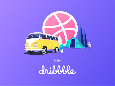 Hello Dribbble drawing hello dribbble illustration surfing tent vintage