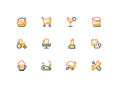 Icon Set beauty boxing glove creative drawing flat icon food gym icon icon set icons illustation office chair orange outline icon settings shopping stethoscope ui ux vector yellow