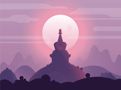 Stupa of Enlightenment art drawing illustration moon night pink vector violet