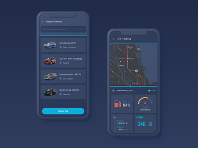 Car Tracking - App concept app app design car car app dark theme dark ui design icon illustration mobile tracking app typography ui vector