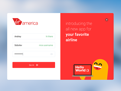 Virgin America App login page