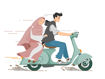 Couple Moslem Riding a Scooter character couple design flat illustration moslem scooter vector vespa