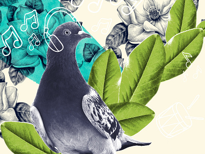 Song Bird collage flowers invite leaves music party pigeon