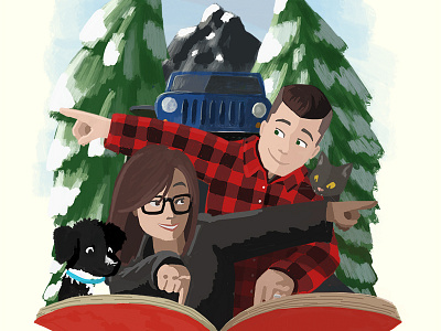 Christmas Card 2017 card cat christmas couple dog illustration jeep trees