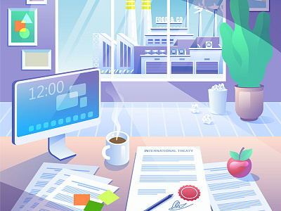 Illustration for a work-in-progress animation. Coming soon! computer desk office