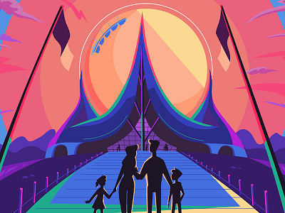 Theme park sunset animation colorful colourful efteling explainer family flat illustration rollercoaster sun sunset theme park