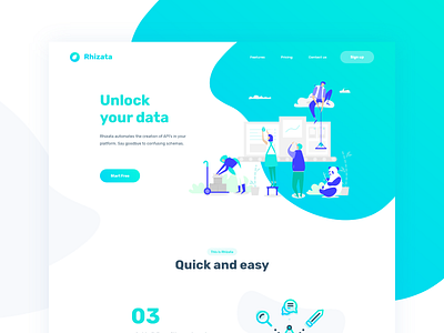 / Rhizata platform / Landing page blue data database engineer gradient green illustration software turquoise ui user interface vector workflow