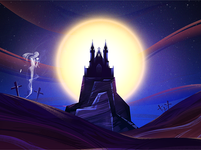 Spooky Castle blue castle cross fly ghost hair halloween hello hill horror illustration man moon moonlight purple rose silent