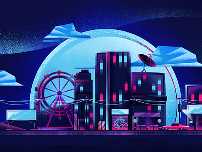 City of Lights album animation 2d blue building car city dribbble hellodribbble illustration moon noise ozoyo pink purple