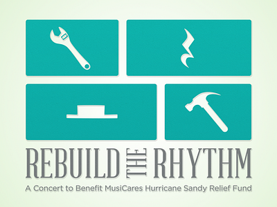Rebuild the Rhythm - Logo charity hammer hurricane logo music musical notes pro bono quarter rest rebuild relief sandy teal wrench