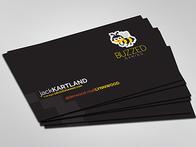 Buzzed Gaming Branding bee black business card dark gaming logo pixel art print design yellow