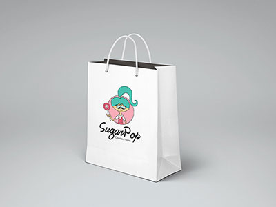 SugarPop Confections branding illustration logo logo design mascot pink retail shopping bag turquoise