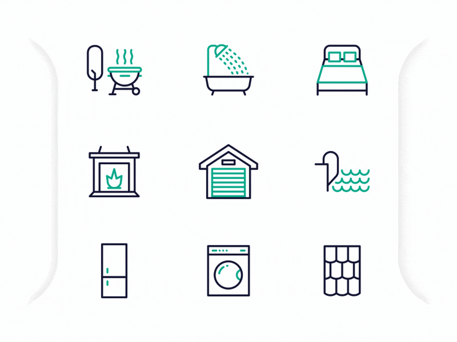 Household Animated Icons 2d animation animation bbq bed bodymovin fireplace fridge garage laudry lordicon lottie microinteraction microinteractions pool roof shower svg animation swimming pool ux yard